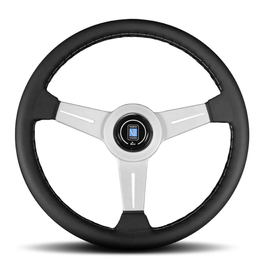 Nardi ND Classic Steering Wheel - Black Leather Grey Stitching Silver Spokes 340mm