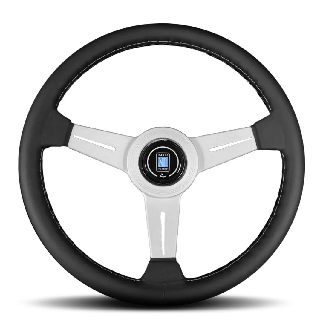 Nardi ND Classic Steering Wheel - Black Leather Grey Stitching Silver Spokes 340mm