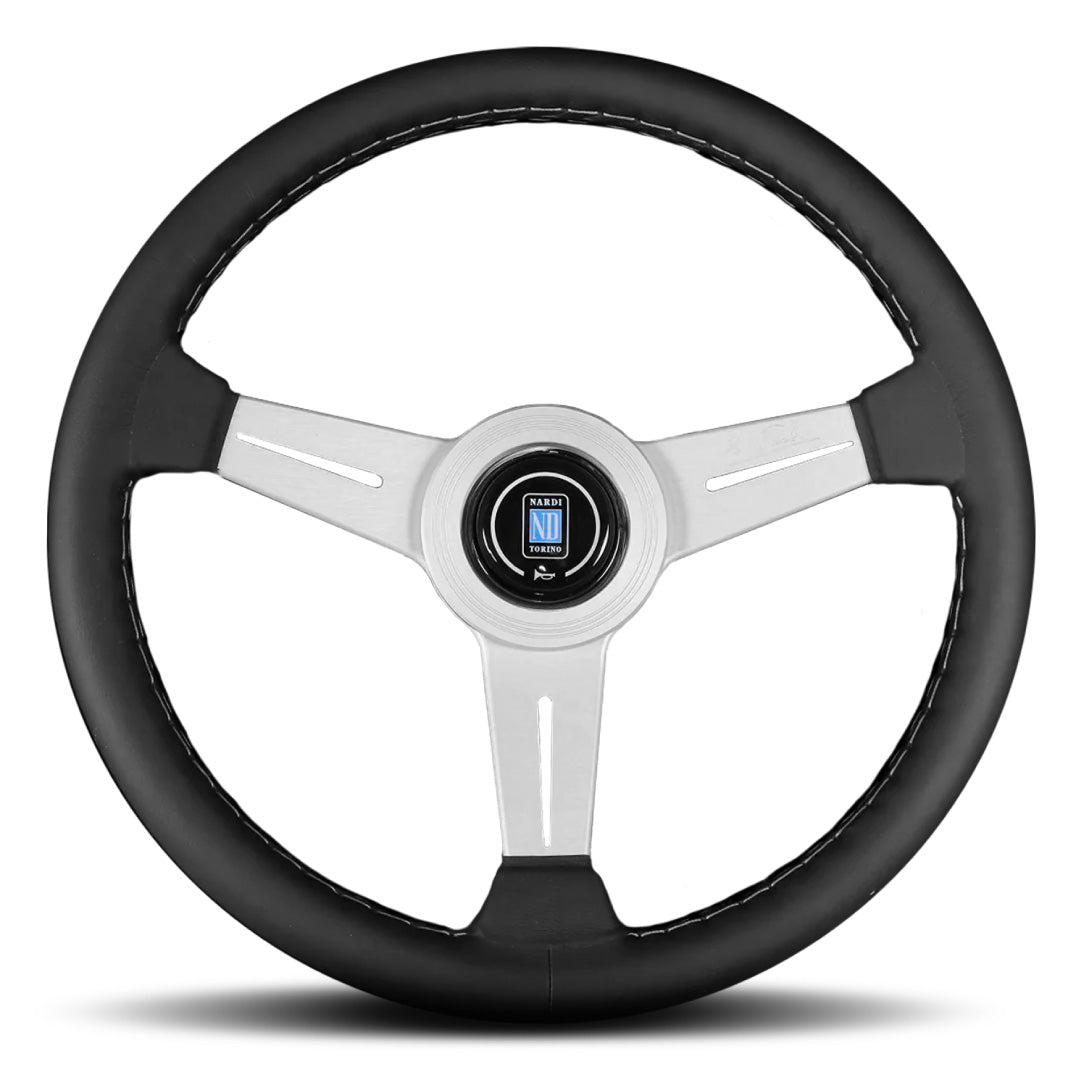 Nardi ND Classic Steering Wheel - Black Leather Grey Stitching Silver Spokes 360mm