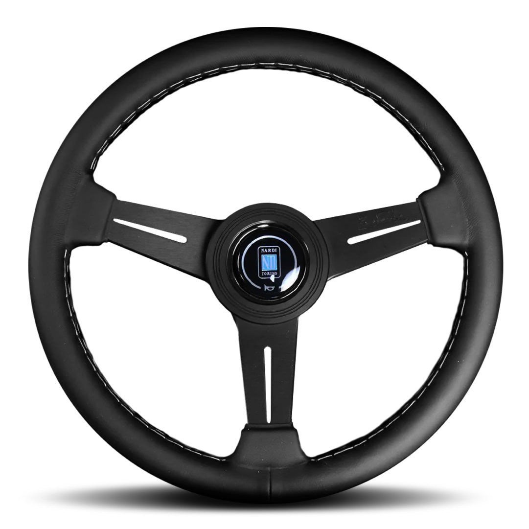 Nardi ND Classic Steering Wheel - Black Leather Grey Stitching Black Spokes 360mm
