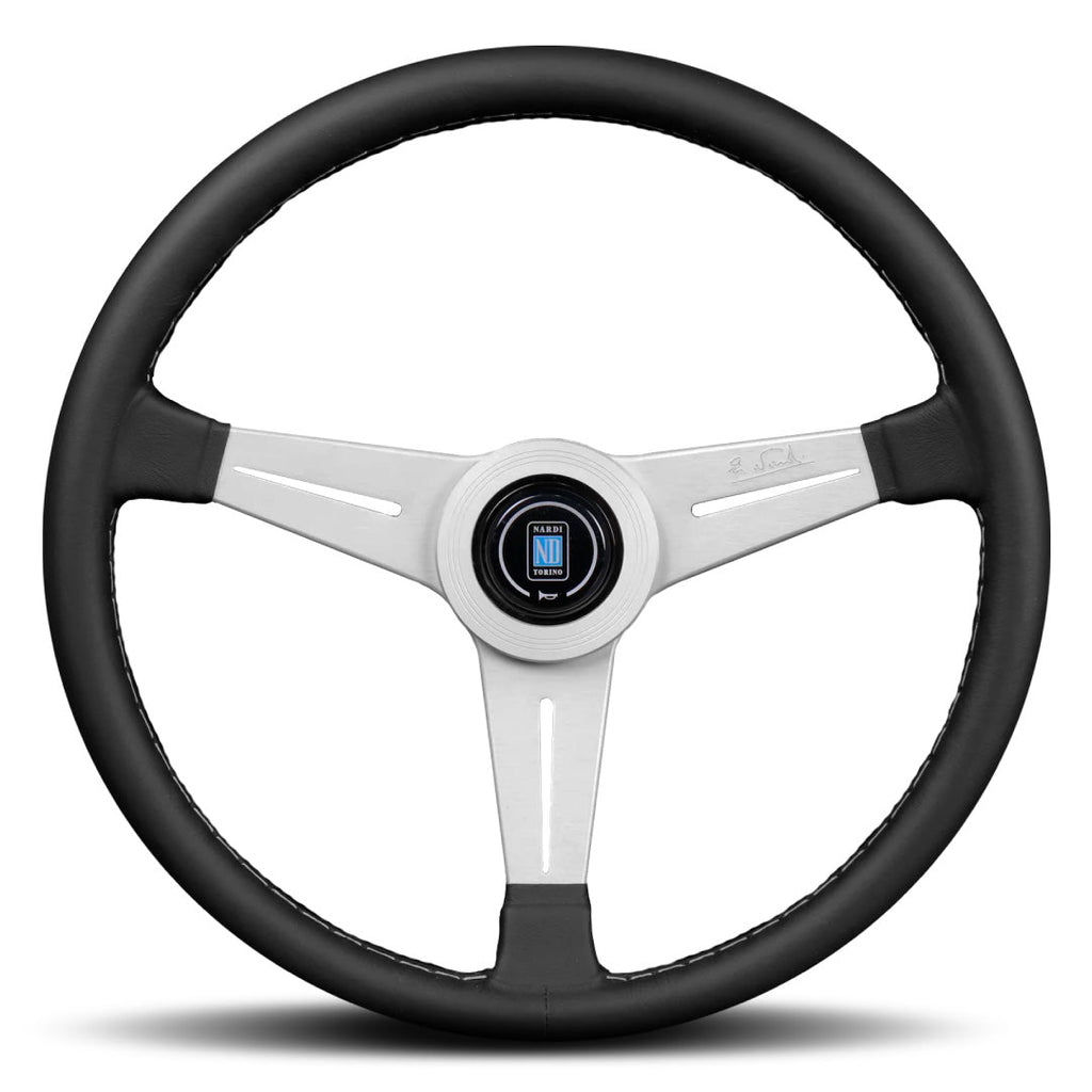 Nardi ND Classic Steering Wheel - Black Leather Grey Stitching Silver Spokes 390mm