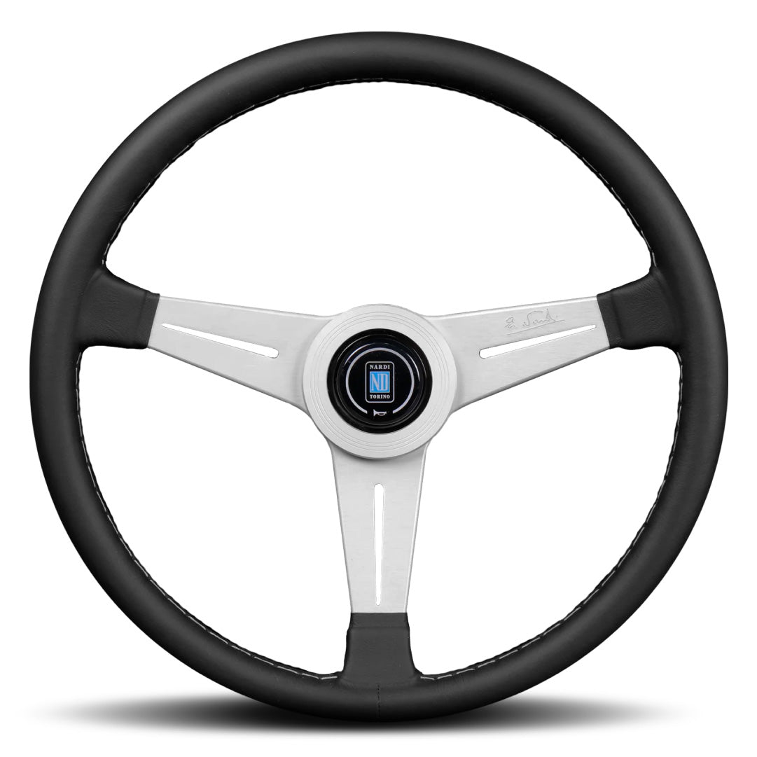 Nardi ND Classic Steering Wheel - Black Leather Grey Stitching Silver Spokes 390mm