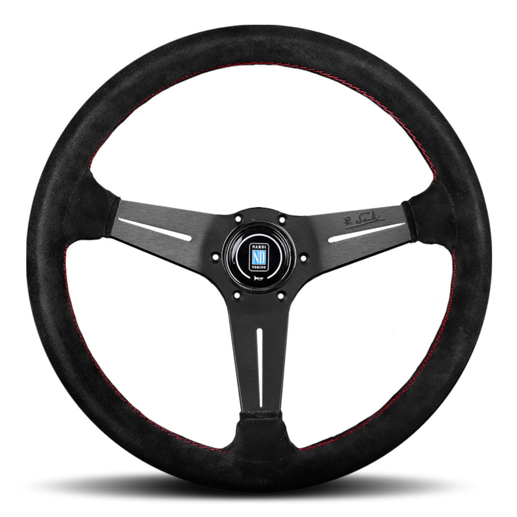 Nardi Deep Corn Steering Wheel - Black Suede Red Stitching Black Spokes 350mm