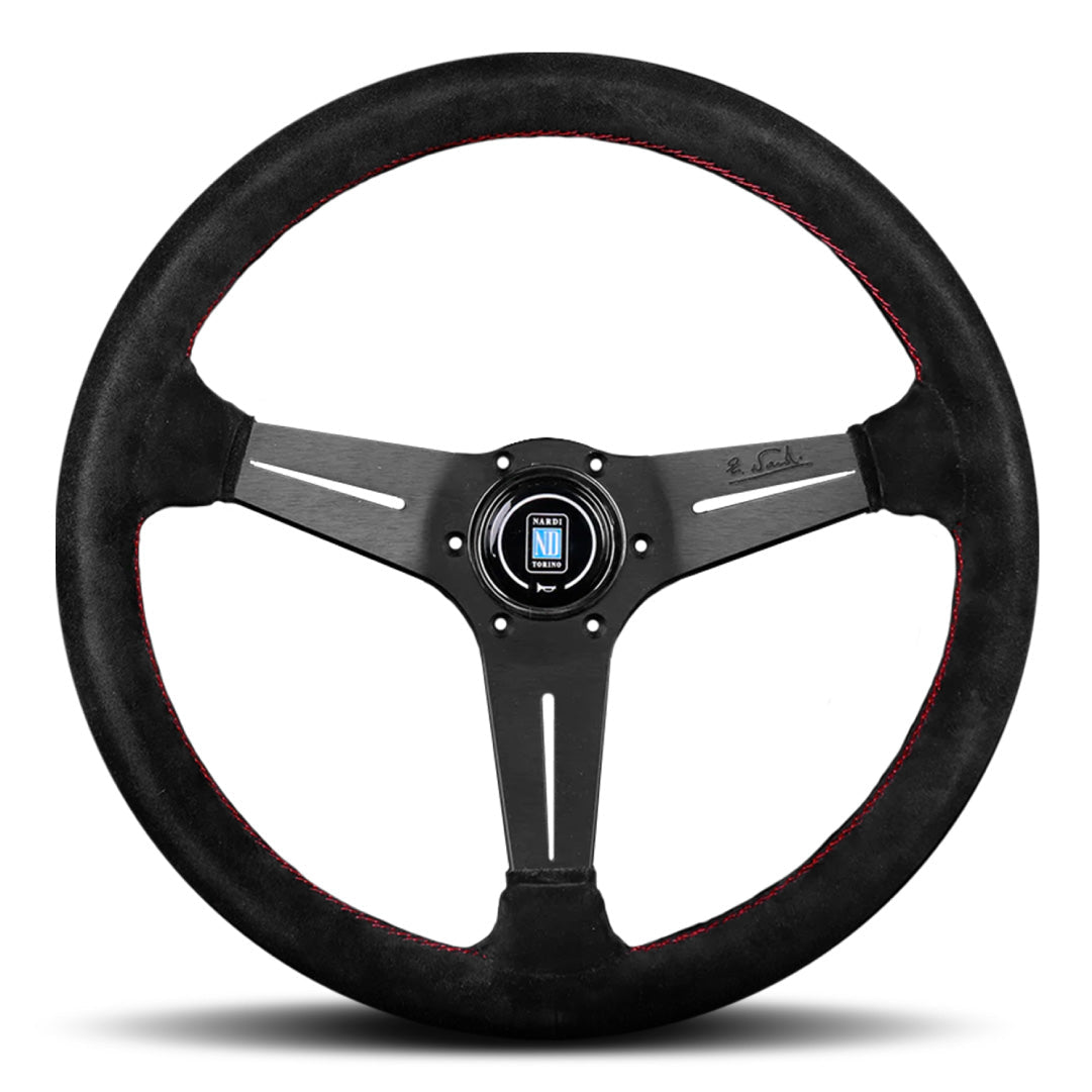 Nardi Deep Corn Steering Wheel - Black Suede Red Stitching Black Spokes 350mm