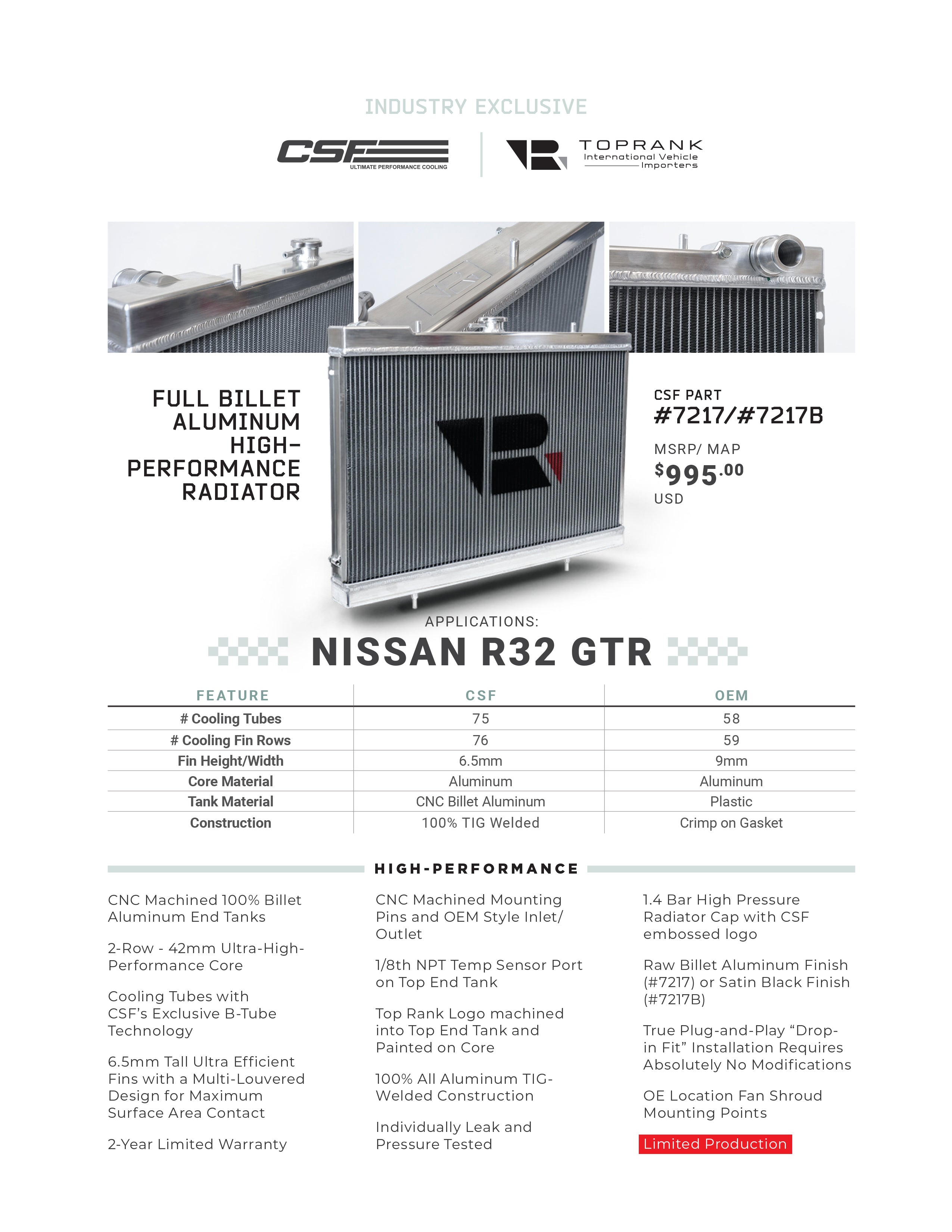 CSF #7217 R32 Skyline GT-R/GTS Full Billet Aluminum High-Performance Radiator - Raw Billet