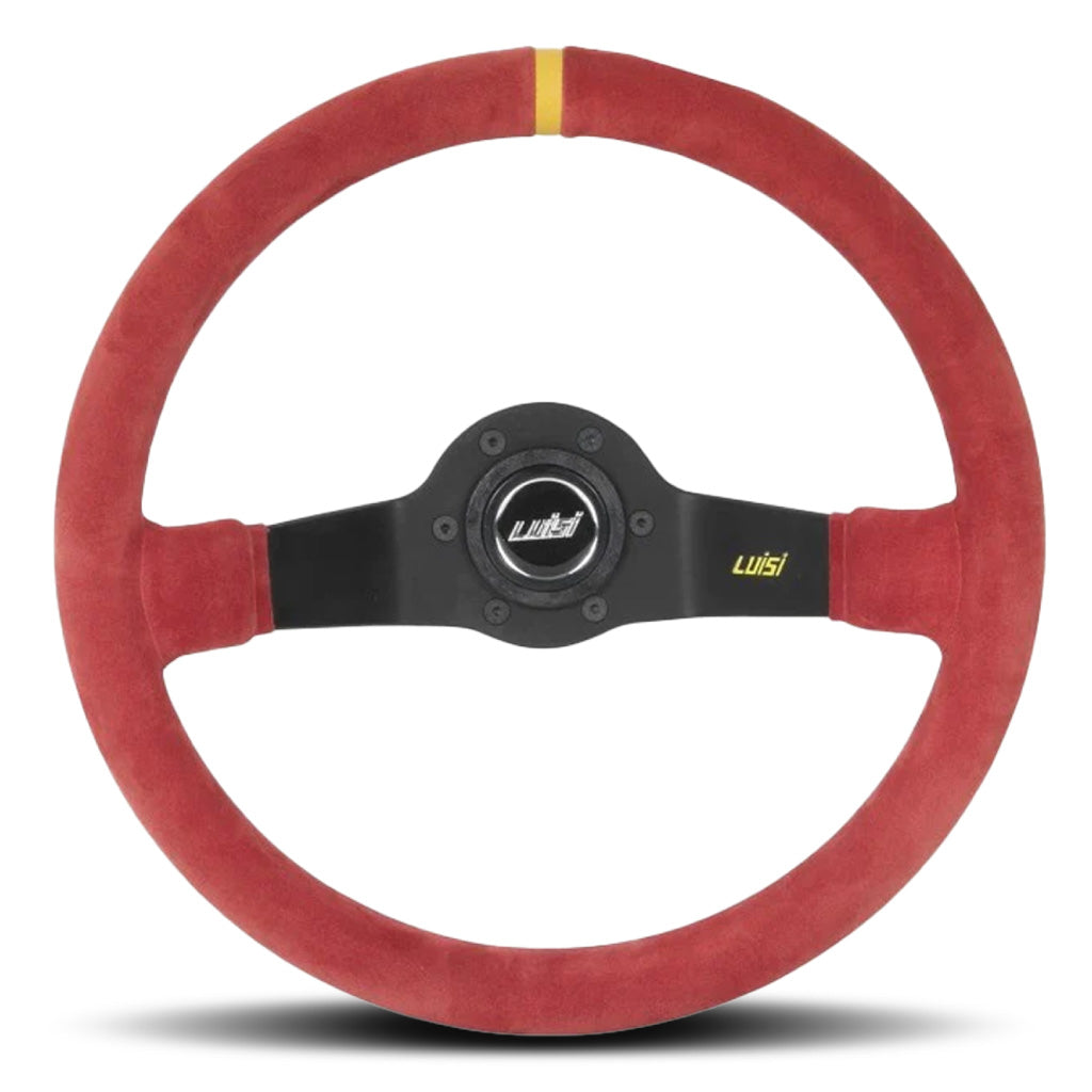 Luisi Jet Corsa Two Spoke Steering Wheel - Red Shammy Leather Black Spokes 350mm
