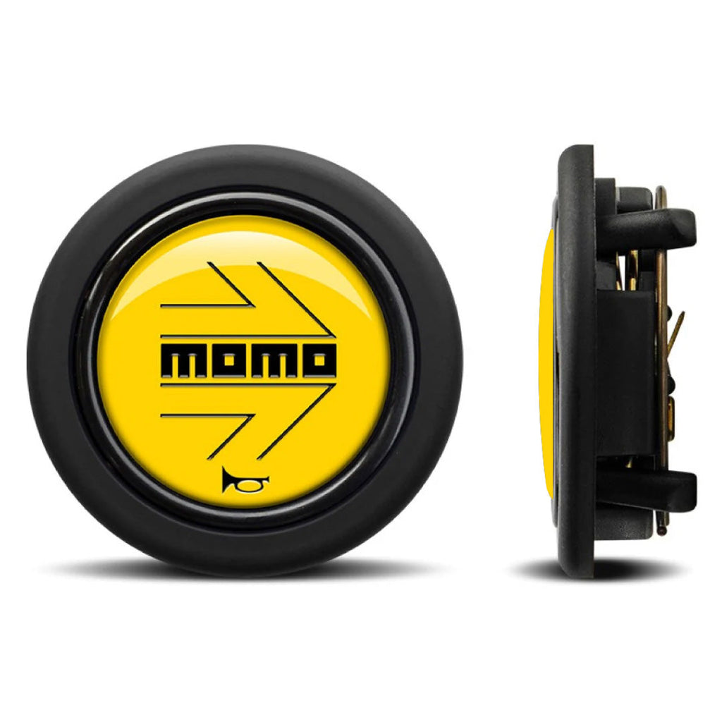 MOMO Horn Button - Glossy Yellow Black Logo - Round Lip