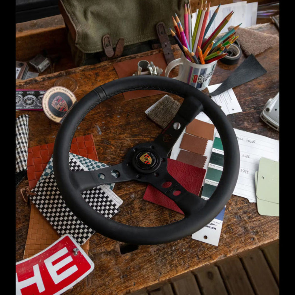 MOMO Porsche Steering Wheel - Black Leather Black Stitching Black Spokes 350mm