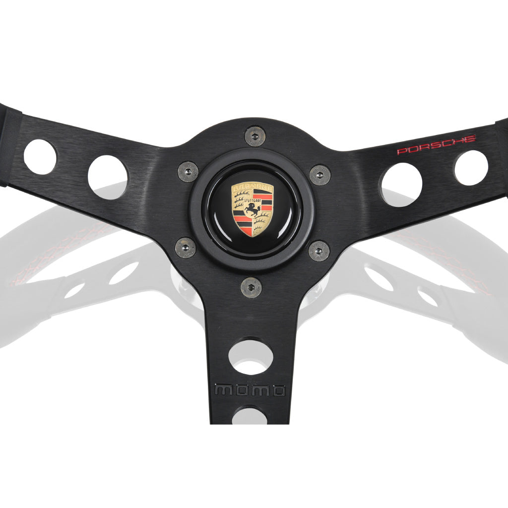 MOMO Porsche Steering Wheel - Black Leather Red Stitching Black Spokes 350mm