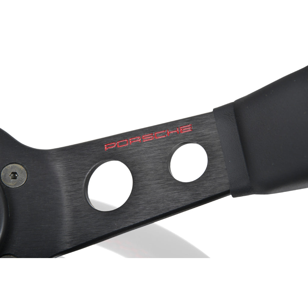MOMO Porsche Steering Wheel - Black Leather Red Stitching Black Spokes 350mm