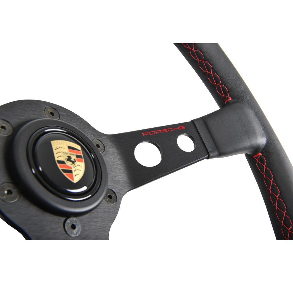 MOMO Porsche Steering Wheel - Black Leather Red Stitching Black Spokes 350mm