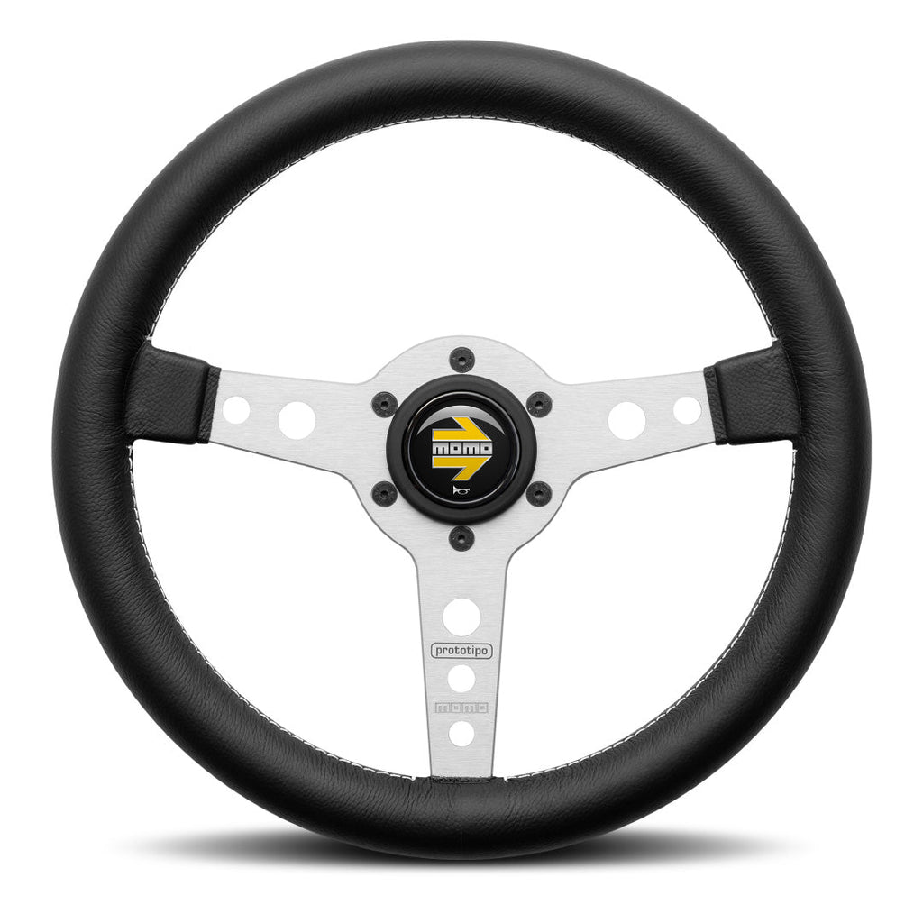 MOMO Prototipo Steering Wheel - Black Leather Silver Spokes 320mm