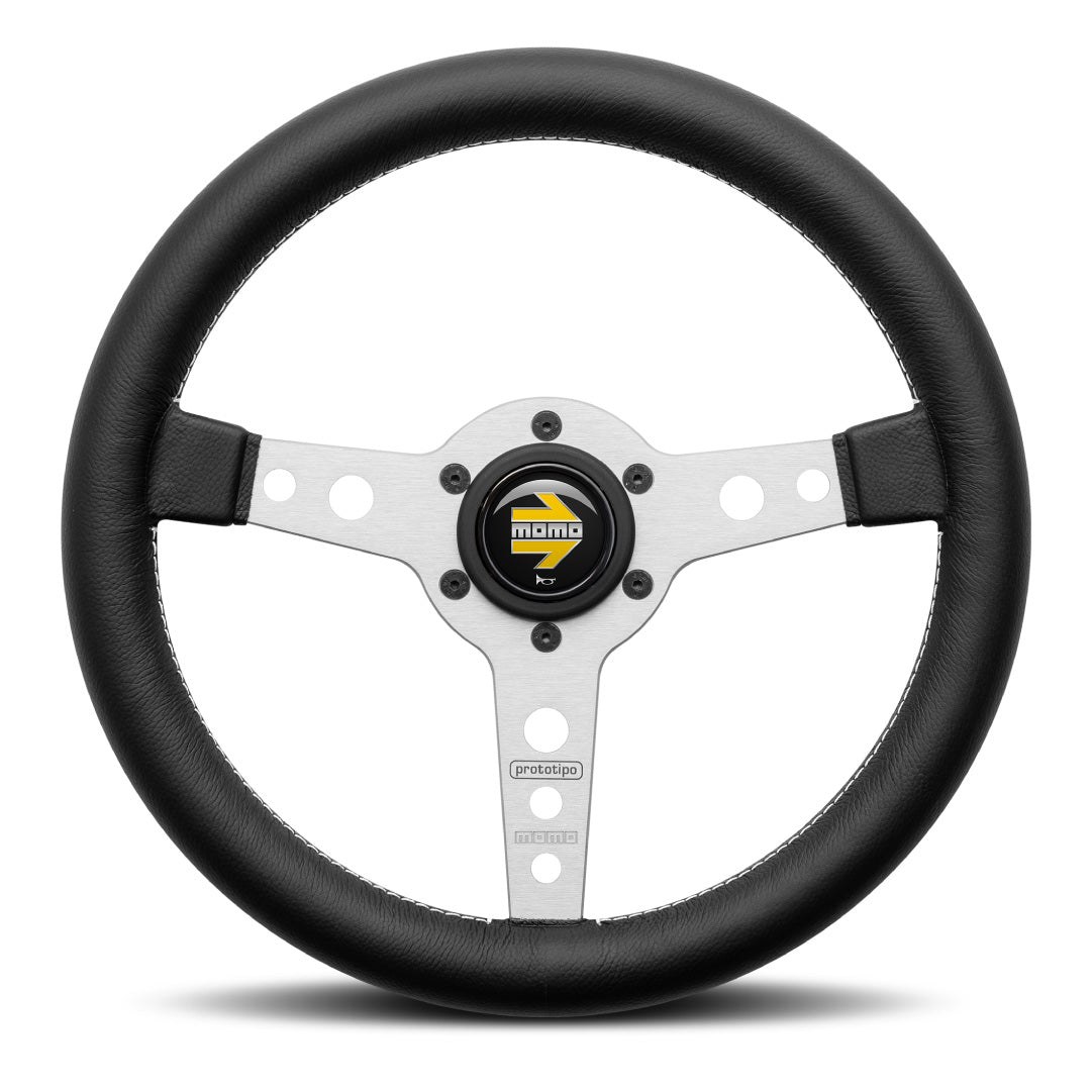 MOMO Prototipo Steering Wheel - Black Leather Silver Spokes 320mm