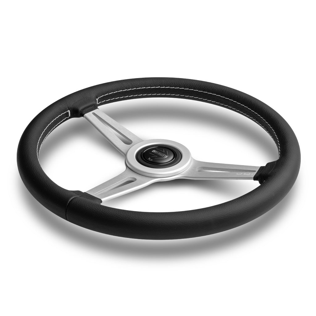 MOMO Retro Heritage Steering Wheel - Black Leather Brushed Aluminium Spokes 360mm