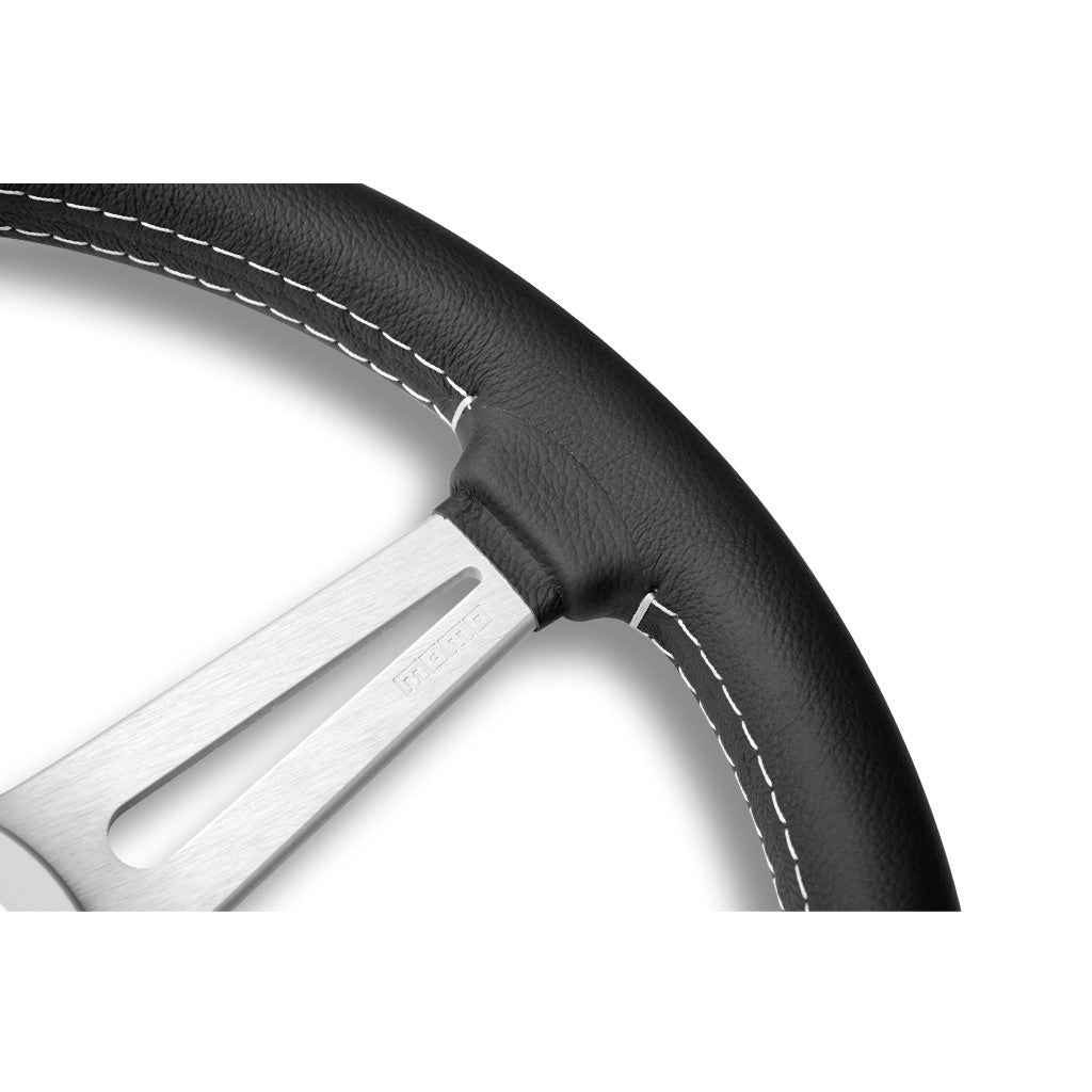 MOMO Retro Heritage Steering Wheel - Black Leather Brushed Aluminium Spokes 360mm