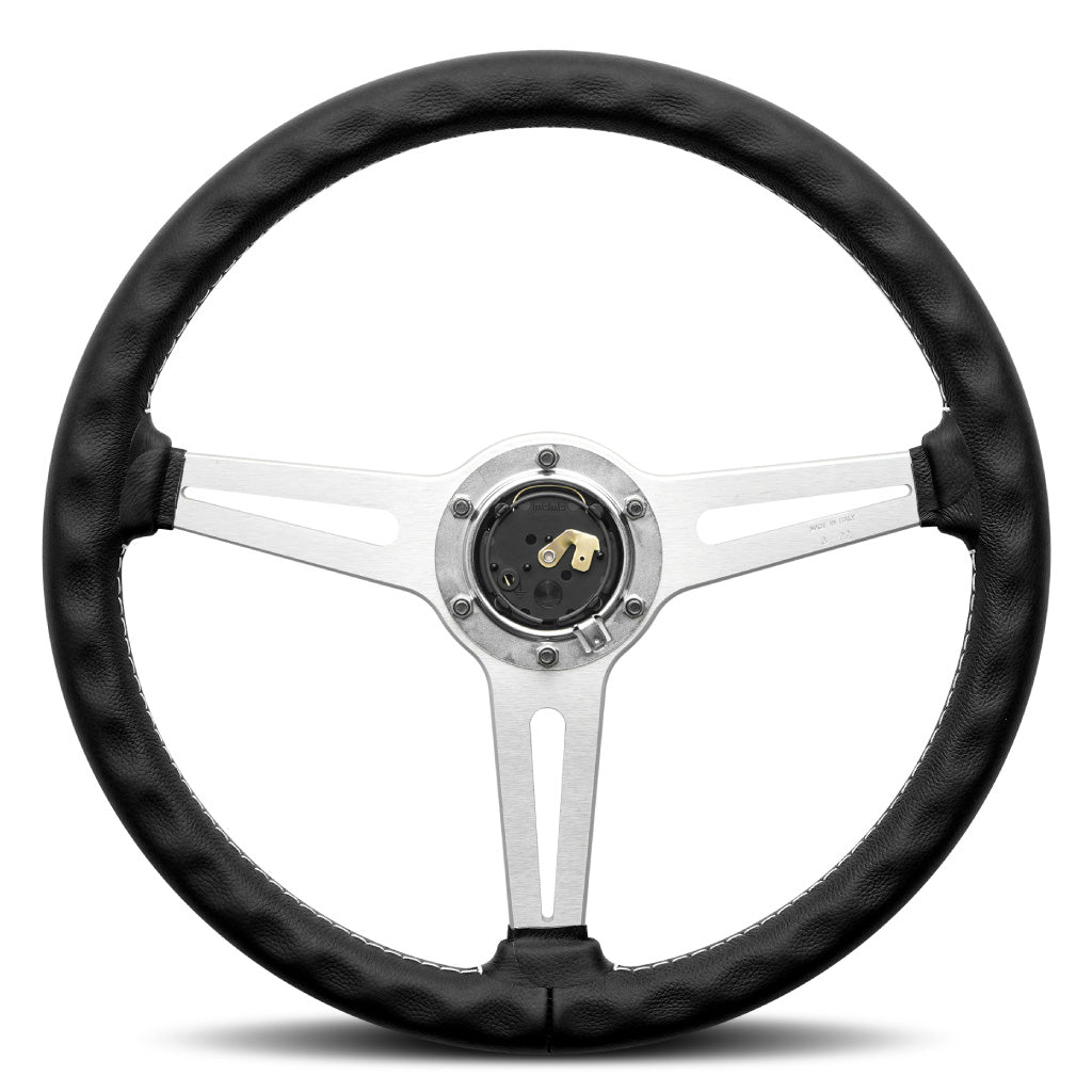 MOMO Retro Heritage Steering Wheel - Black Leather Brushed Aluminium Spokes 360mm
