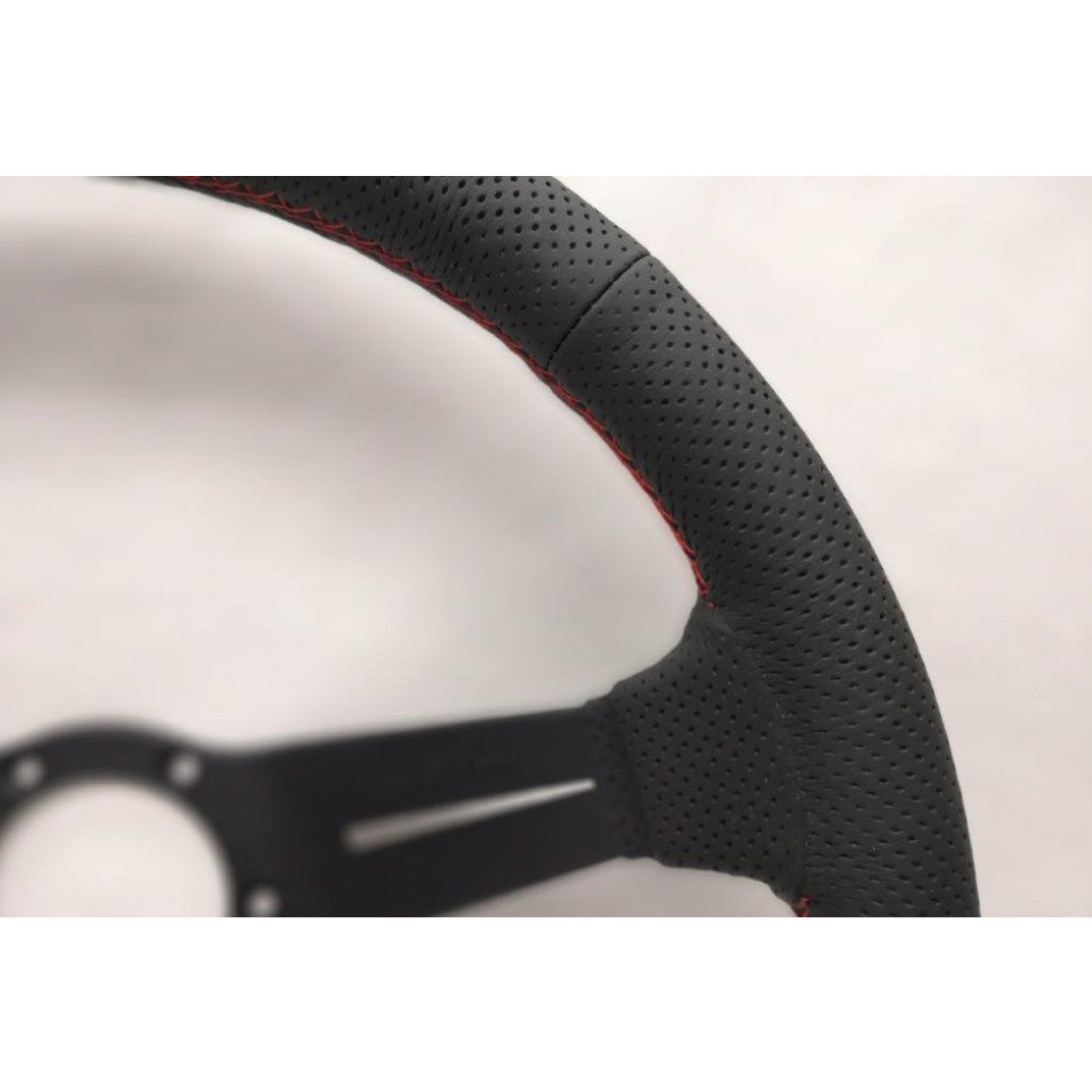 Nardi Deep Corn Steering Wheel - Black Leather Red Stitching Black Spokes 350mm