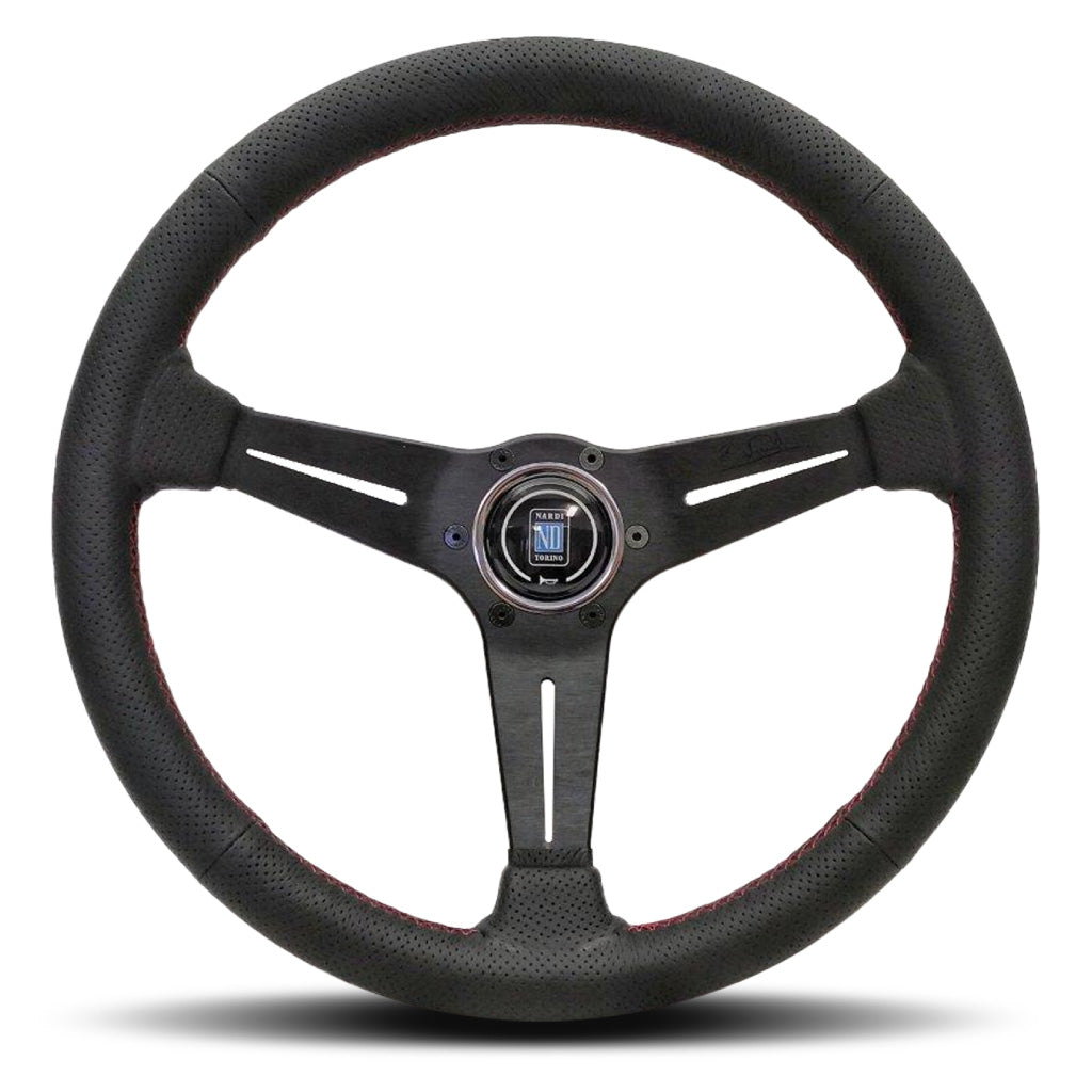Nardi Deep Corn Steering Wheel - Black Leather Red Stitching Black Spokes 350mm