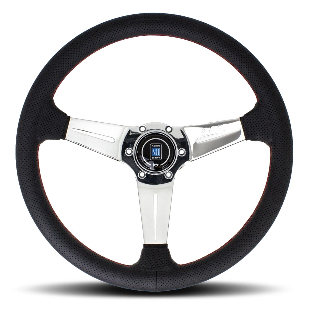 Nardi Deep Corn Steering Wheel - Black Leather Red Stitching Polished Spokes 350mm