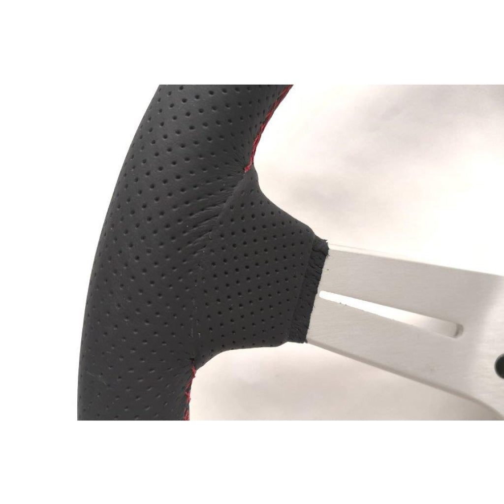 Nardi Deep Corn Steering Wheel - Black Leather Red Stitching Silver Spokes 350mm