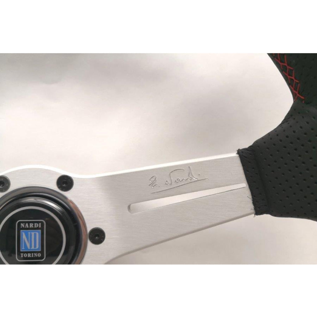 Nardi Deep Corn Steering Wheel - Black Leather Red Stitching Silver Spokes 350mm