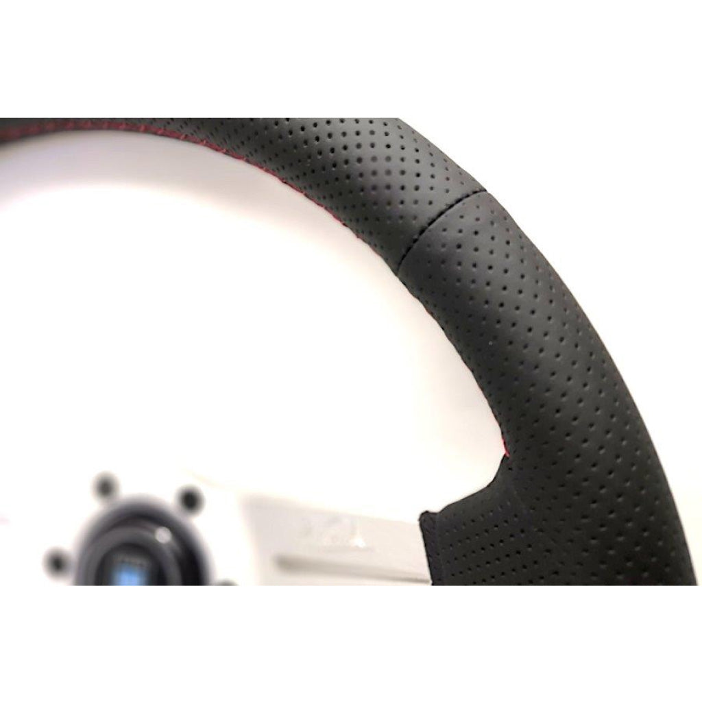 Nardi Deep Corn Steering Wheel - Black Leather Red Stitching Silver Spokes 350mm