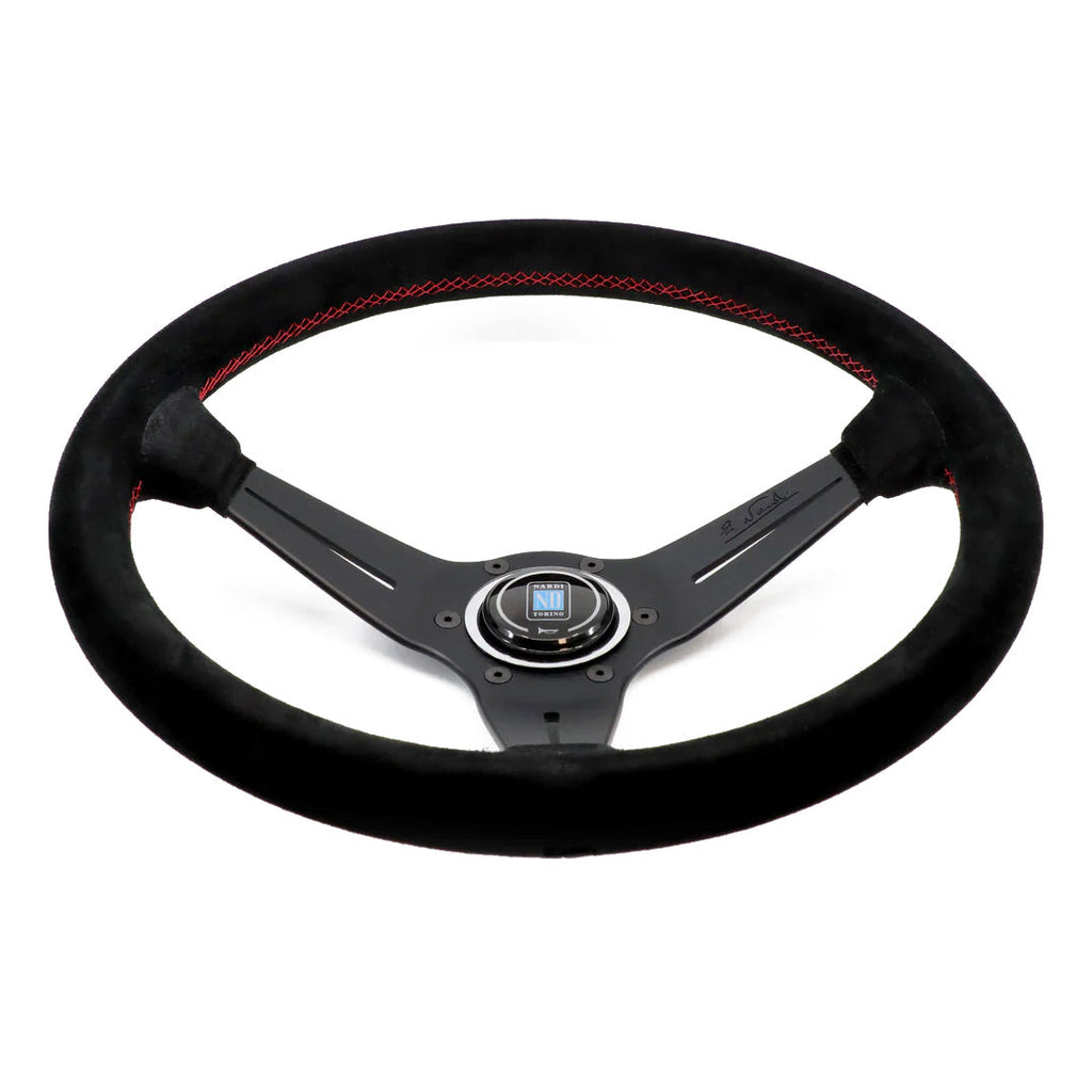 Nardi Deep Corn Steering Wheel - Black Suede Red Stitching Black Spokes 350mm