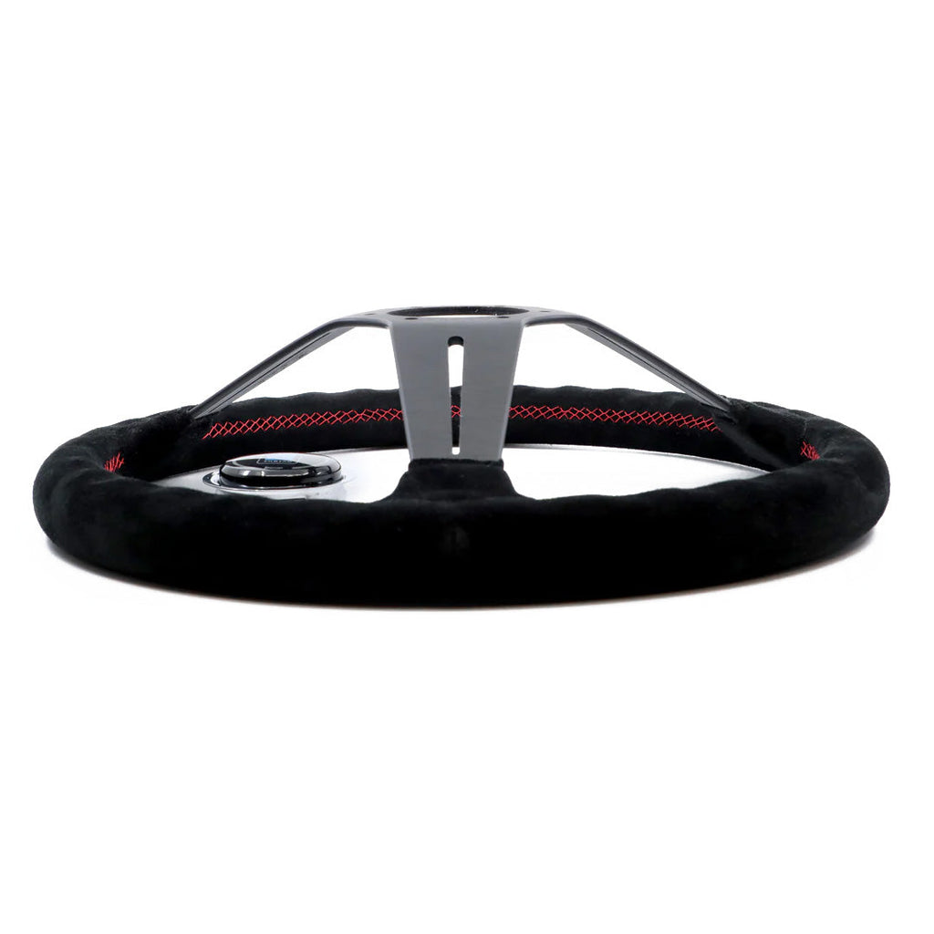 Nardi Deep Corn Steering Wheel - Black Suede Red Stitching Black Spokes 350mm