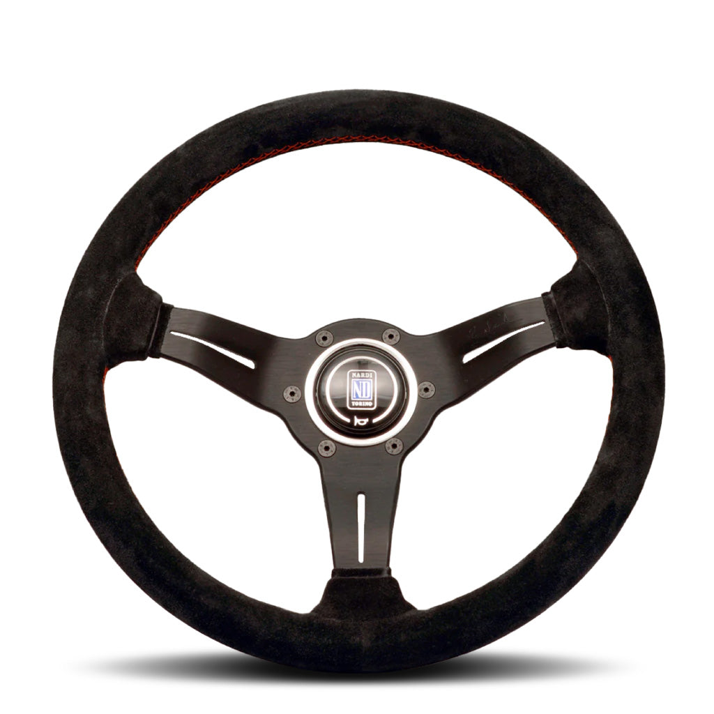 Nardi Deep Corn Steering Wheel - Black Suede Red Stitching Black Spokes 330mm