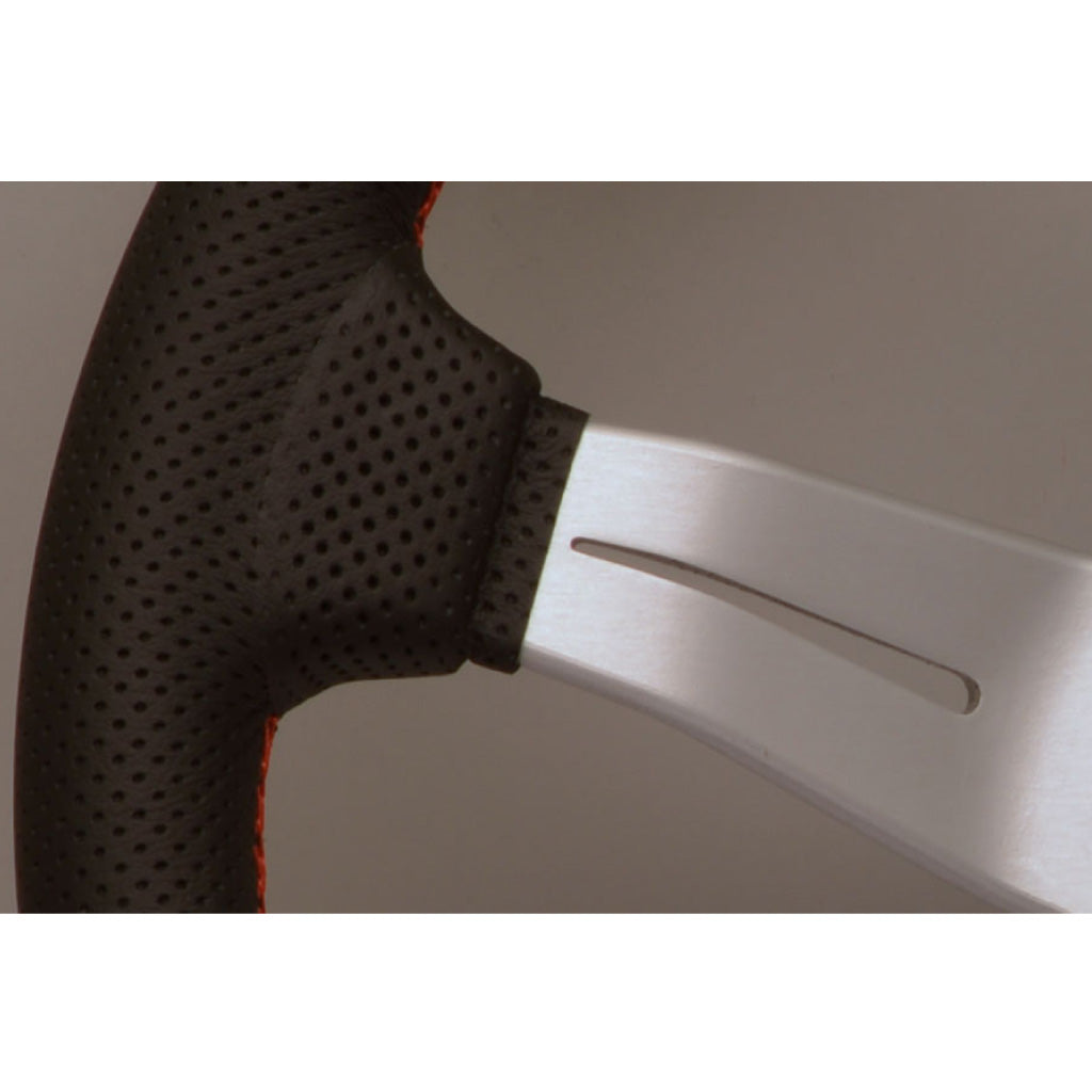 Nardi Deep Corn Steering Wheel - Black Suede Red Stitching Silver Spokes 330mm