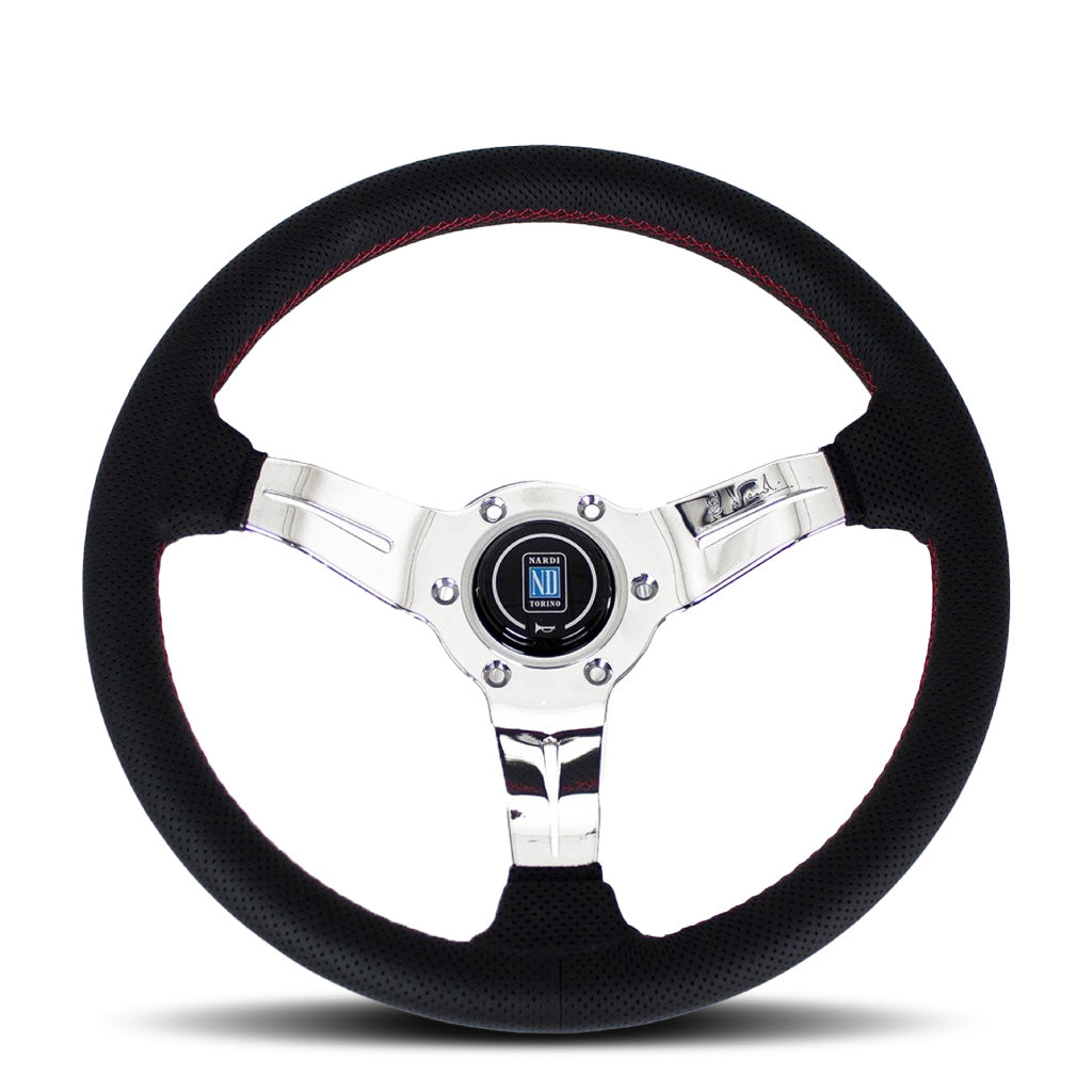 Nardi Deep Corn Steering Wheel - Black Leather Red Stitching Polished Spokes 330mm