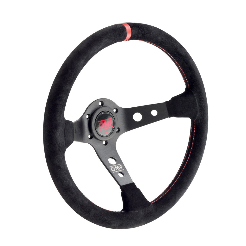 OMP Corsica Scamosciato Steering Wheel - Black Suede Red Stitching Black Spokes 350mm