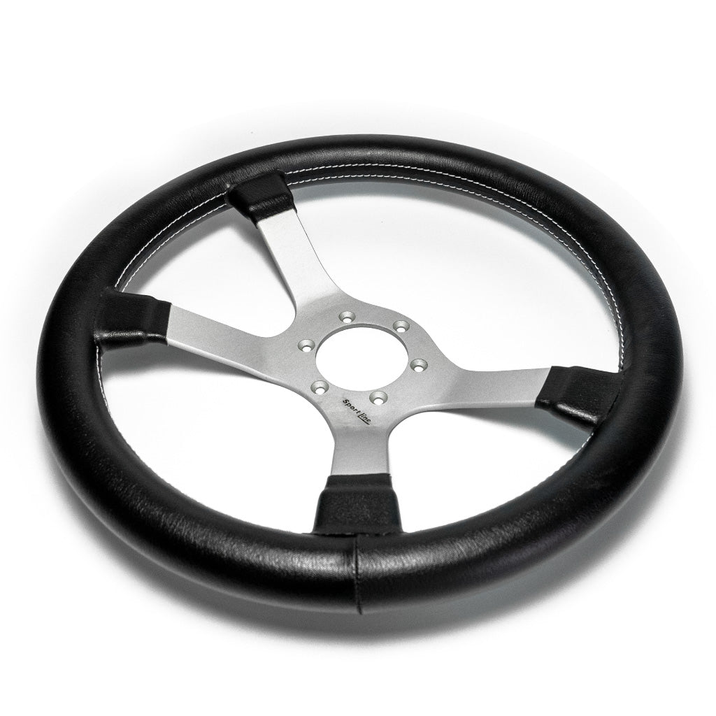 Sport Line 4 Four Spoke Steering Wheel - Black Vinyl Silver Spokes 370mm
