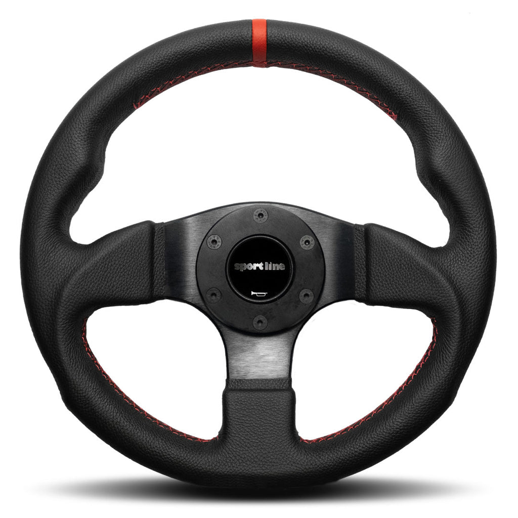Sport Line Imola 3 Steering Wheel - Black Leather Red Marker Black Spokes 300mm
