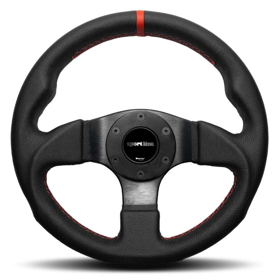 Sport Line Imola 3 Steering Wheel - Black Leather Red Marker Black Spokes 300mm