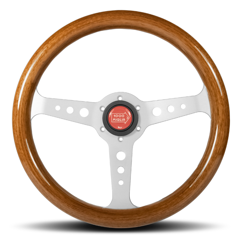 Sport Line Mille Miglia Steering Wheel - Mahogany Wood Silver Spokes 350mm