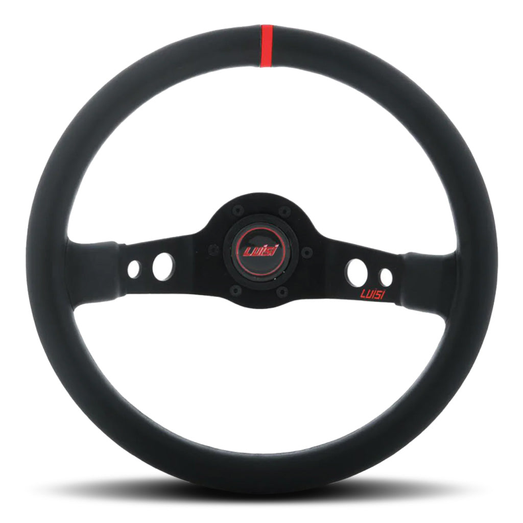 Luisi Jet Sport Two Spoke Steering Wheel - Black Leather Red Stripe Black Spokes 350mm
