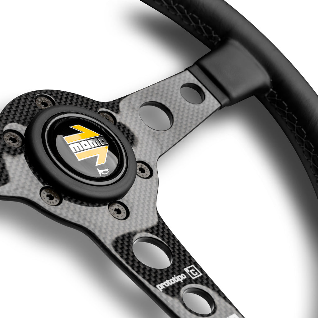 MOMO Horn Button - Glossy Black Yellow and Chromed Logo - Round Lip