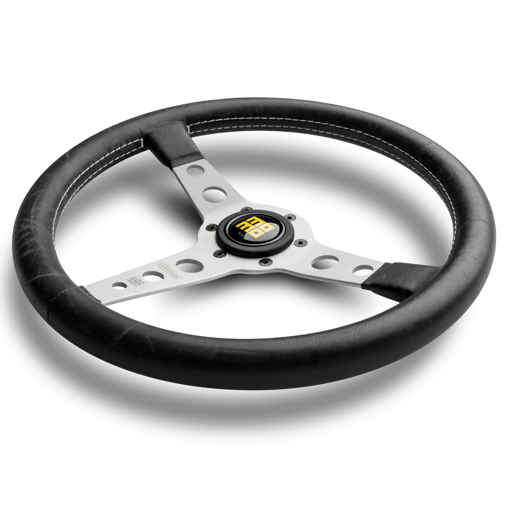 MOMO Prototipo Heritage Steering Wheel Black Leather Silver Spokes 350mm