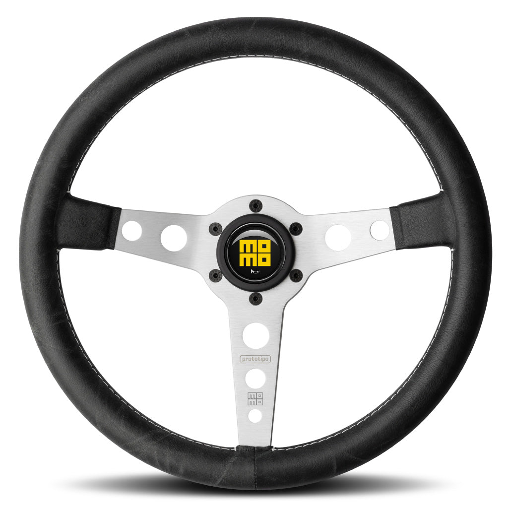 MOMO Prototipo Heritage Steering Wheel Black Leather Silver Spokes 350mm