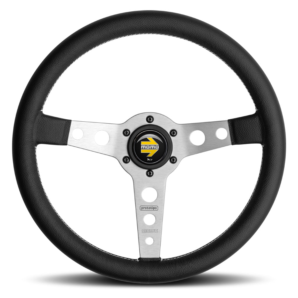 MOMO Prototipo Steering Wheel Black Leather Silver Spokes 350mm