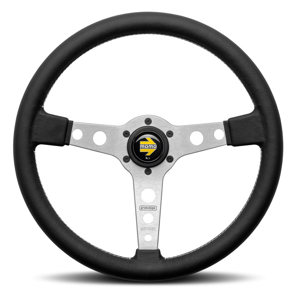 MOMO Prototipo Steering Wheel - Black Leather Silver Spokes 370mm