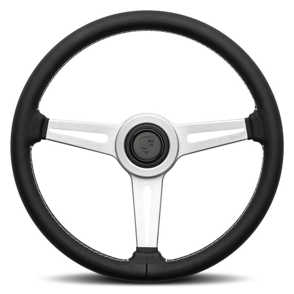 MOMO Retro Heritage Steering Wheel With Original Leather Porsche Horn Button - Black Leather Brushed Aluminium Spokes 360mm