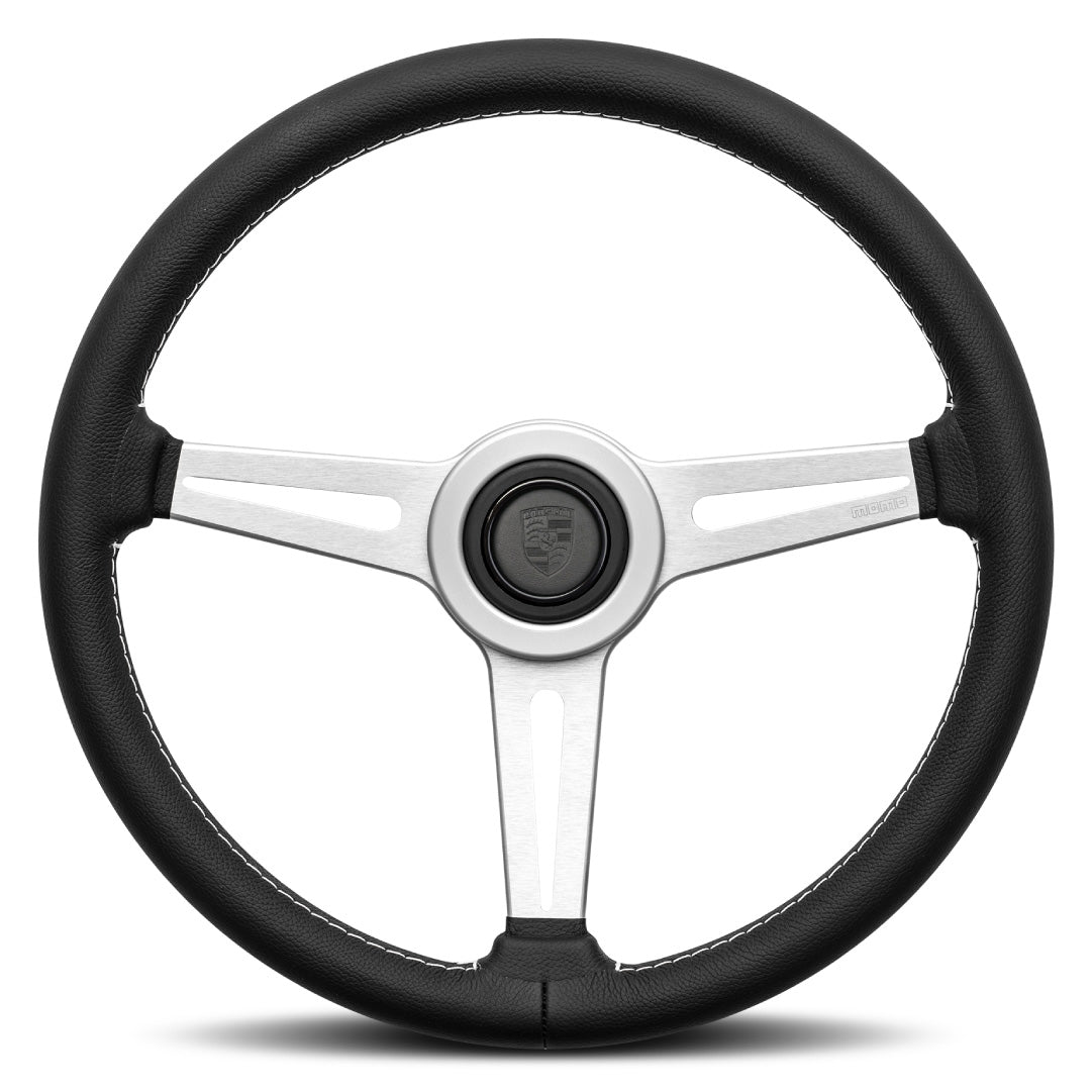 MOMO Retro Heritage Steering Wheel With Original Leather Porsche Horn Button - Black Leather Brushed Aluminium Spokes 360mm