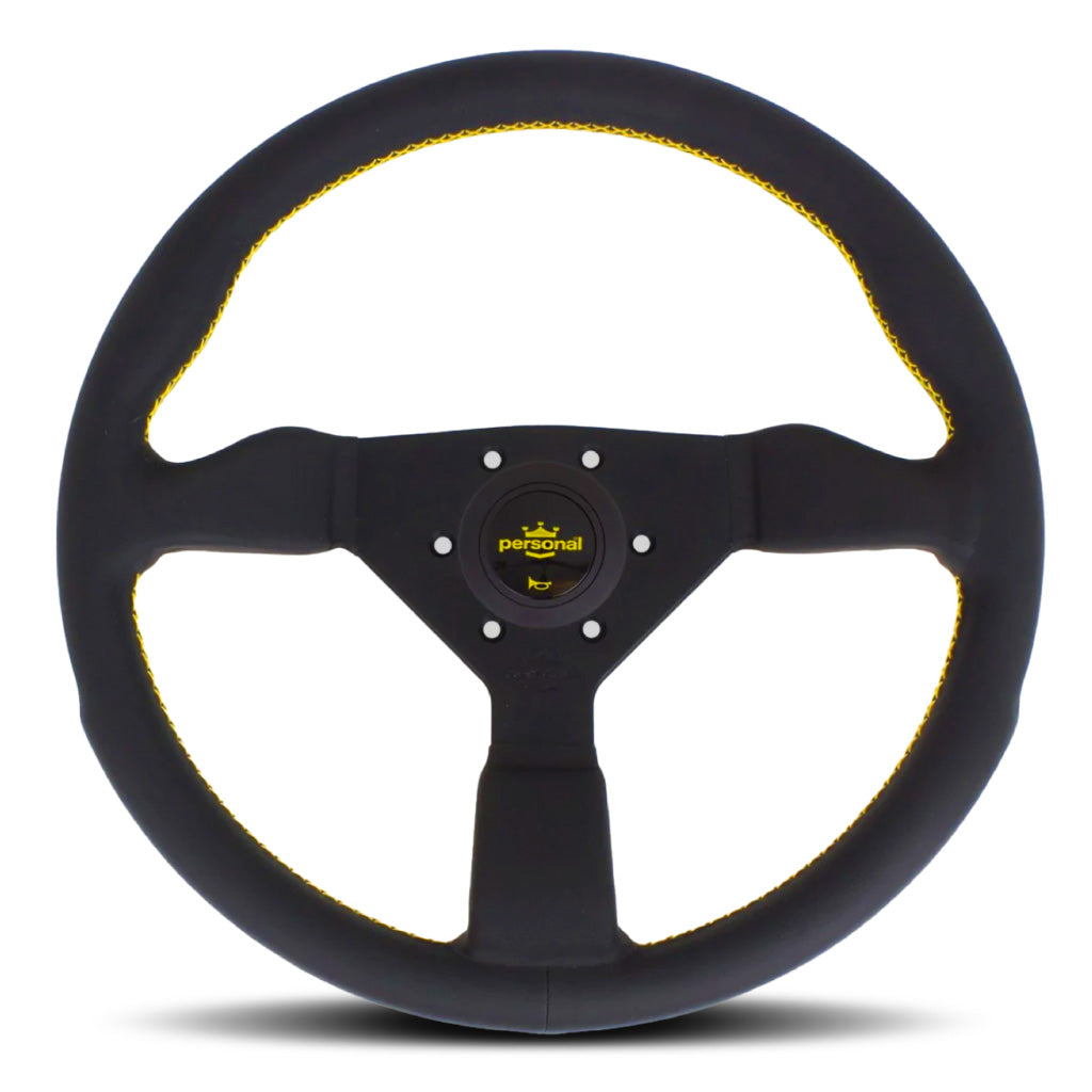 Personal Grinta Steering Wheel - Black Leather Black Spokes Yellow Stitching 350mm
