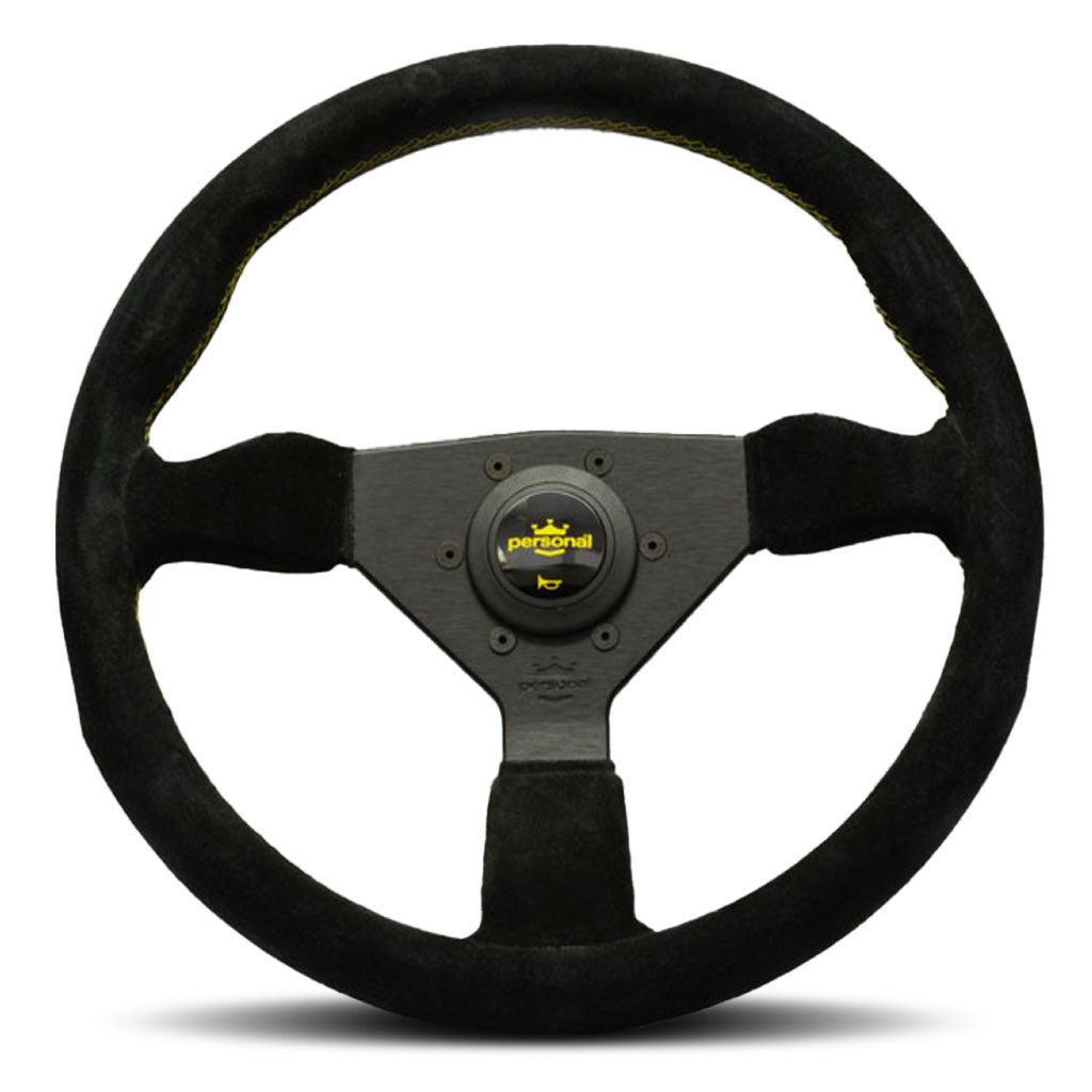 Personal Grinta Steering Wheel - Black Suede Black Spokes Yellow Stitching 350mm