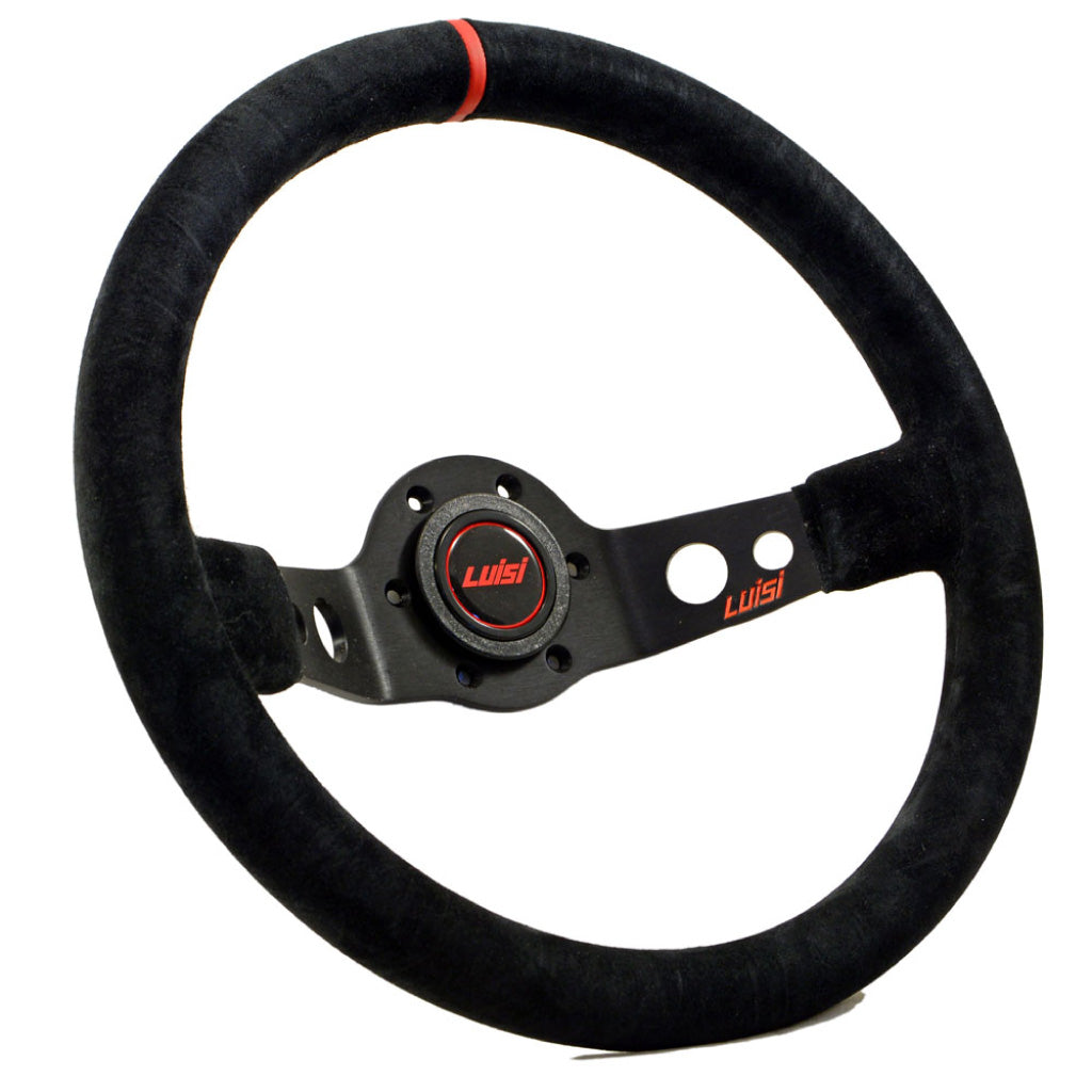 Luisi Jet Sport Two Spoke Steering Wheel Black Shammy Leather Red Stripe Black Spokes 350mm